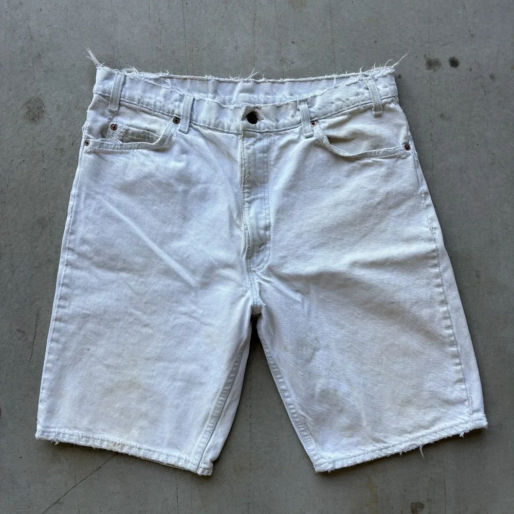 Vintage Levis 550 Orange Tab White Denim Cutoff Shorts Jorts Size W36 Distressed
